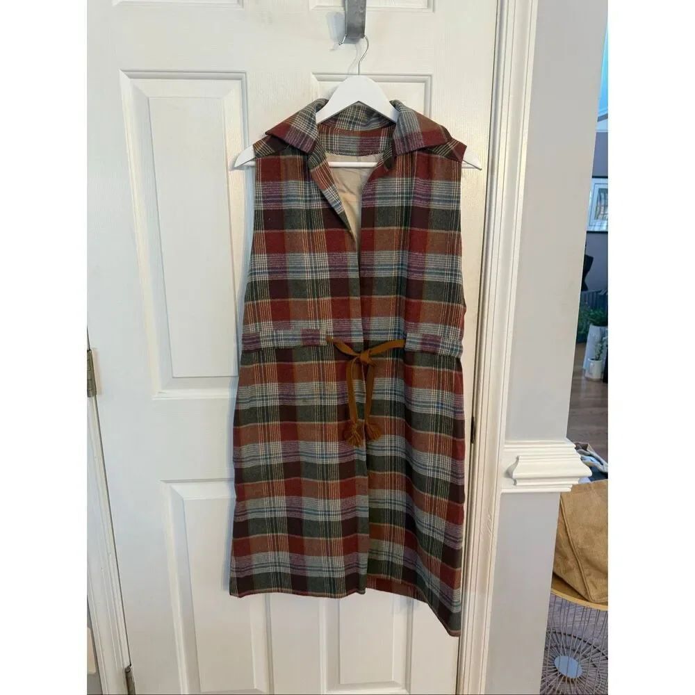 Vintage Handmade Rust Plaid Tie Front Jumper Dress Sz M EUC